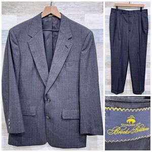 Brooks Brothers Wool Pinstripe Suit Gray Pleated Pants Vintage USA Mens 41R